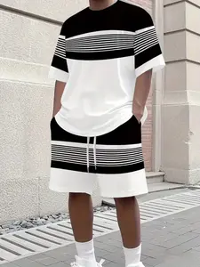 Minimalist Striped Patchwork Set, and Block Loose Casual Sports Two-Piece Set, Comfortable and Stylish