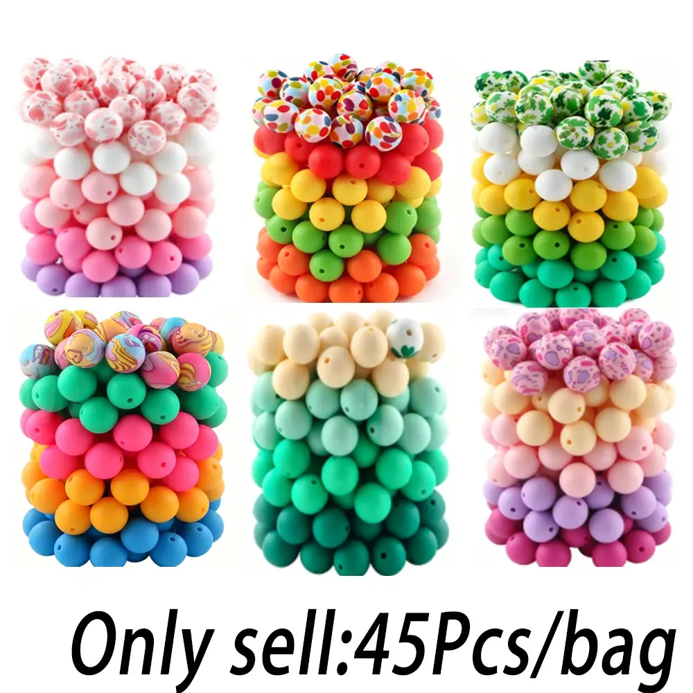 45PCS silicone printed and solid color round beads combination, Beads for crafts, Bead Set, DIY Beading Accessories, DIY Jewelry Making, clover heart, Valentine's Day can be used for DIY bead pens, keychains, necklaces, bracelets