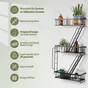 3-Tier Industrial Floating Shelves, Heavy Duty Metal Wall Mounted Storage Rack, Rustic Decorative Display Shelving for Bedroom, Living Room, Bathroom & Office Organization