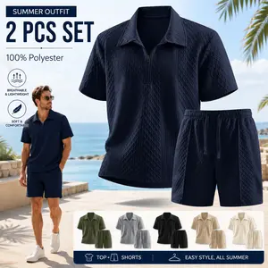 Men’s summer 2-piece set: solid-color short-sleeve shirt and shorts—lightweight, casual, comfortable, and soft; a casual set suitable for leisure, relaxation, travel, and beach vacations.