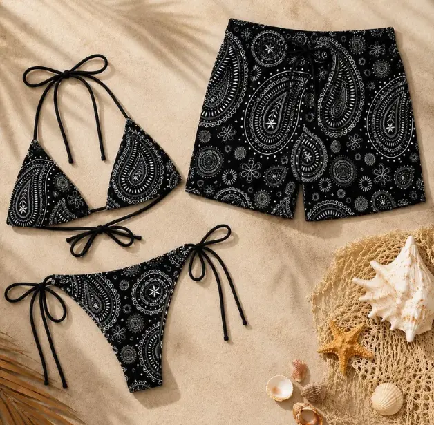 Matching Couple Swimwear Set Black Floral Bikini and Hawaiian Shorts Beach Fit
