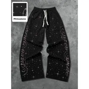 Street Life Streetwear Style Rhinestone English Text Straight Leg SweatpantsXTOK