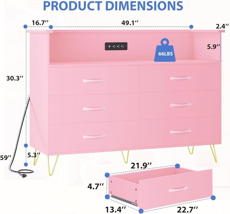 6 Drawers Dresser for Bedroom with Power Outlet & LED Light Wooden Dresser with Open Storage, Wide TV Stand Organizer for Bedroom, Living Room, Entryway, Hallway