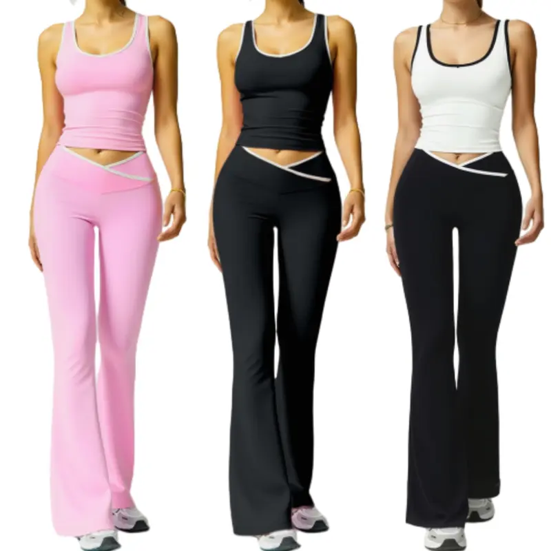 Women's Black Crop Tank Top & Flare Leg Pants Tracksuit Set - Wide Strap Sleeveless Top & Fold-Over Yoga Trousers for Indoor Outdoor Wear Lightweight Compression Activewear Athleisure Summer Clothes