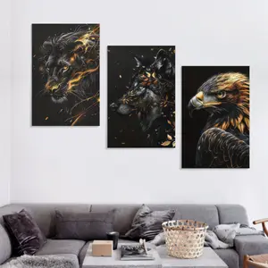 2D Home Decor Gift 3pcs Modern Black and Golden Animal Canvas Art Set Frameless Wolf Eagle Lion Triptych Eye-catching Modern Decoration for Living Room Bedroom Office Chic Oil Painting Poster Wolf Decoration Print Hanging