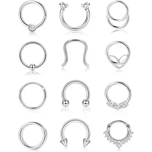 FINREZIO 12 Pcs Silvery Classic Versatile Nose Rings for Women Men Assorted CZ Hoops Septum Clicker Dangle Surgical Steel Hypoallergenic Nose Piercings Safe for Sensitive Ears Nose Punk Body Jewelry Set for Piercing Lovers