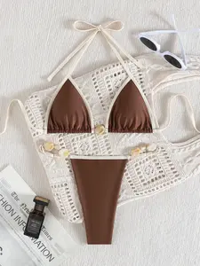 Women's High Elasticity Bikini Set, Backless Tie Design, Side Buckle Swimwear, Bohemian Beach Style, Casual Summer Swimsuit, Tie Back Bikinis