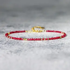 Natural Dainty Faceted Ruby Tiny Beads Red Crystal Healing Charka Crystal Gold-Plated Chain Minimalist Bracelet Gift for Women