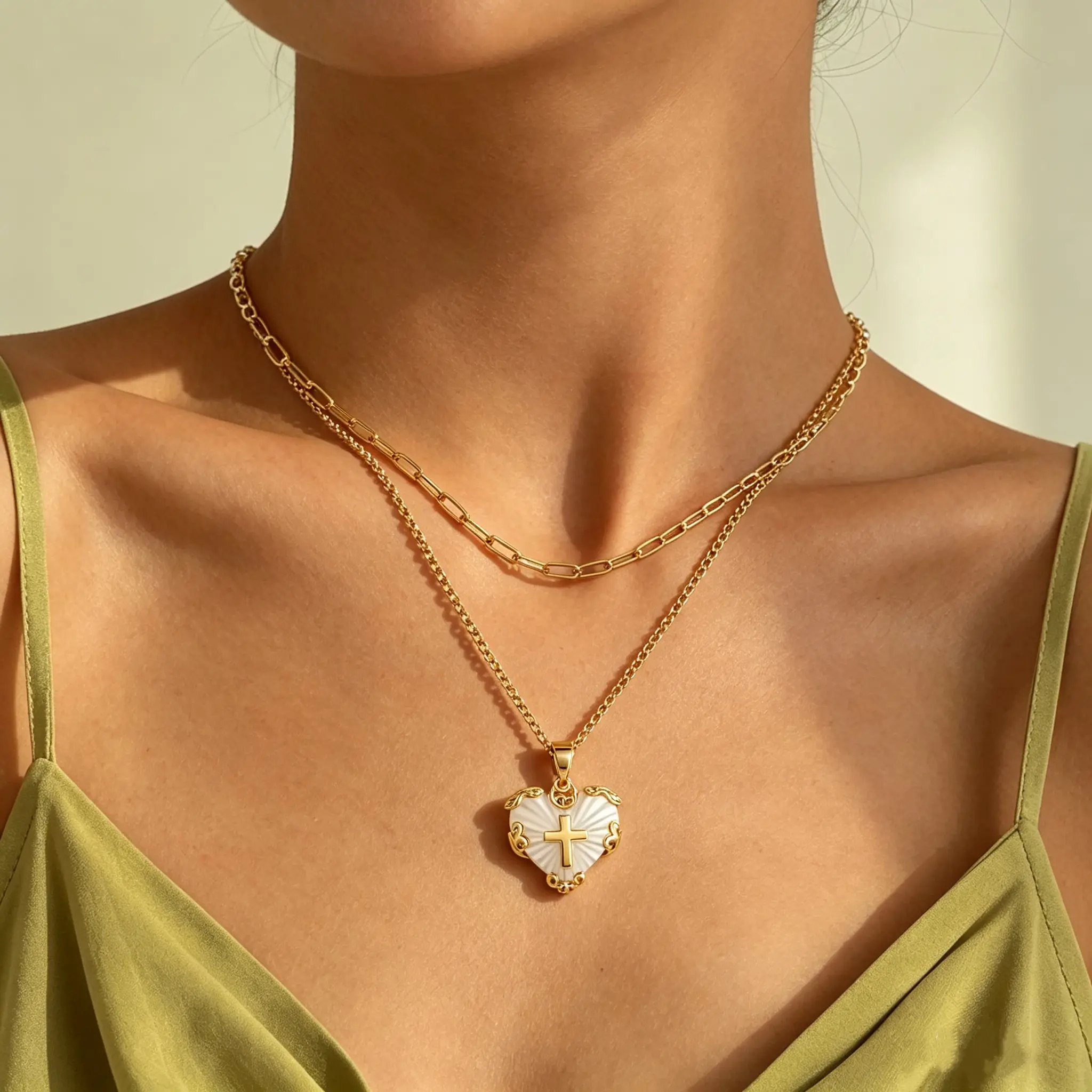 Tewiky Women's 14K Gold-Plated Cross Pendant Necklace,Vintage Mother of Pearl Heart Cross Double Layer Necklace