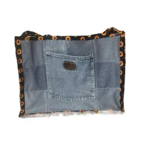 Memory Bag Made from Loved Ones Belongings with Denim Pocket and Sunflower Border Design