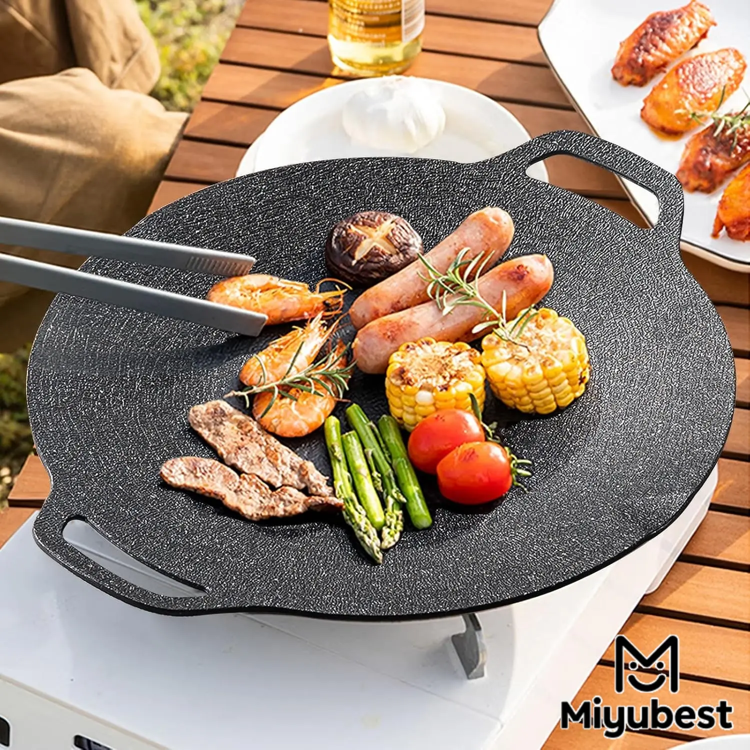 Miyubest BBQ Grill Pan for Stove and Camping, 11.8 Inch Double Layer Round Griddle, Non-Stick Coating Cast Iron Cookware, Griddle Skillet Cooking Pans