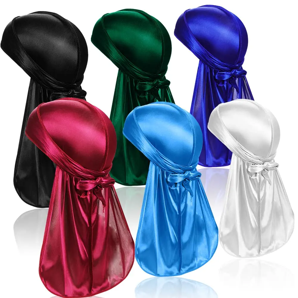 6-Piece Universal Silky Durags for Male, Elastane Fitted Headwraps with Long Tail & Wide Straps, 6 Colors for Natural Curls