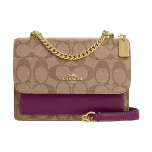 COACH Klare 18 Letter Logo Canvas and Leather Crossbody Bag for Women, Small Size, Khaki and Deep Berry