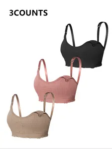 3 Counts Maternity Nursing Bra Set, Single Color Design with Ruffles, Comfortable Support for Breastfeeding Moms, Stylish Daily Wear