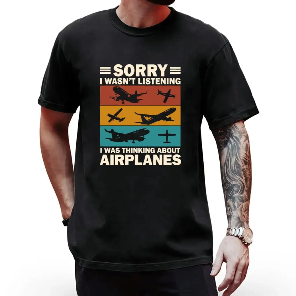 I Was Thinking About Airplanes Aviation Graphic T-Shirt | Crew Neck Short Sleeve Funny Aviation Humor Statement Tee | Casual Streetwear Top | Pilot & Plane Enthusiasts Weekend & Daily Wear