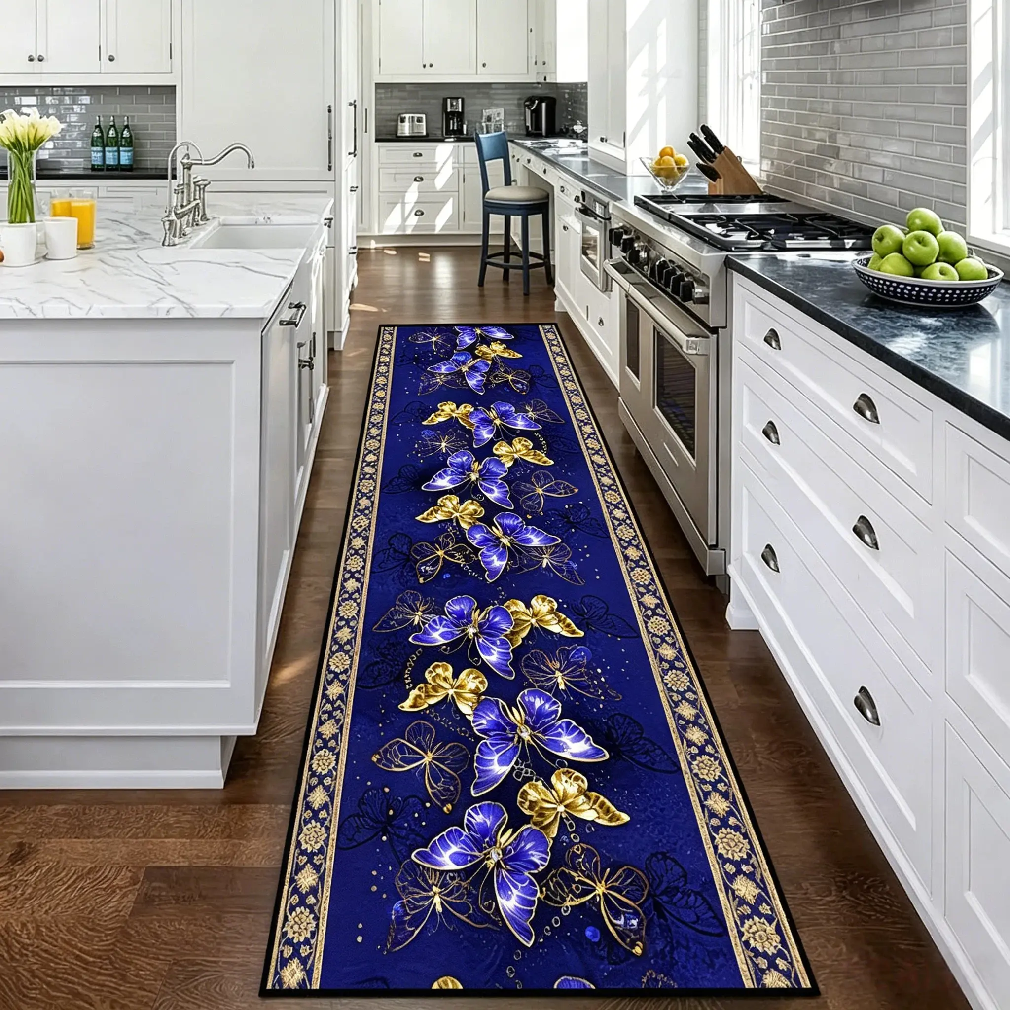 Luxury Butterfly Floral Long Runner Rug, Non-Slip Washable Decor Floor Mat for Hallway, Entryway, Balcony, Bathroom & Laundry Room, 2 Sizes 1.65’×8.25’ / 1.65’×11.55’