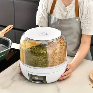 Large Capacity 360° Rotating Food Dispenser Airtight Multi-Grid Storage Container 3.5kg Space Saving Kitchen Organizer For Rice Beans Grains & Dry Fruits Easy Access Grain Dispenser Durable Plastic Rectangle Reusable Hand Wash Only - Rectangular