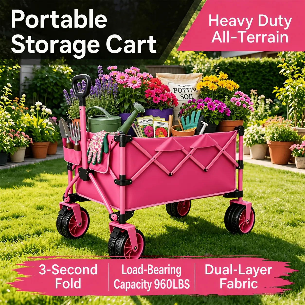 Foldable All Terrain Cart, Carbon Steel Bracket, With 360 ° Rotating Wheels, Large Capacity Cart, Suitable For Heavy-duty Folding Carts For Camping, Shopping, And Gardens, No Assembly Required, Lightweight And Portable