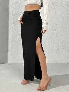 Women's Casual Solid Color Ruched Fitted Side Slit Slim Maxi Skirt, Versatile Fashion Style, Perfect for Concerts, Dancing & Nightclubs, Beach, Parties, Sports, and Casual Home Wear.