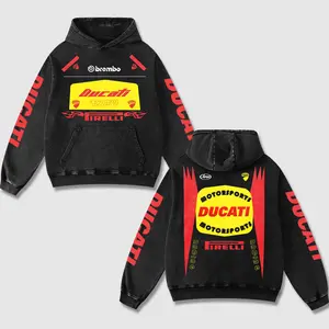 Retro Ducati Motorsport Racing Washed Hoodie Motor World Champion Enthusiast Apparel Streetwear Helmet Racing Team Super Motorsports Clothing Riders Motocross Off-Road Dirt Bike Fan Gear Cotton For Motor Fan