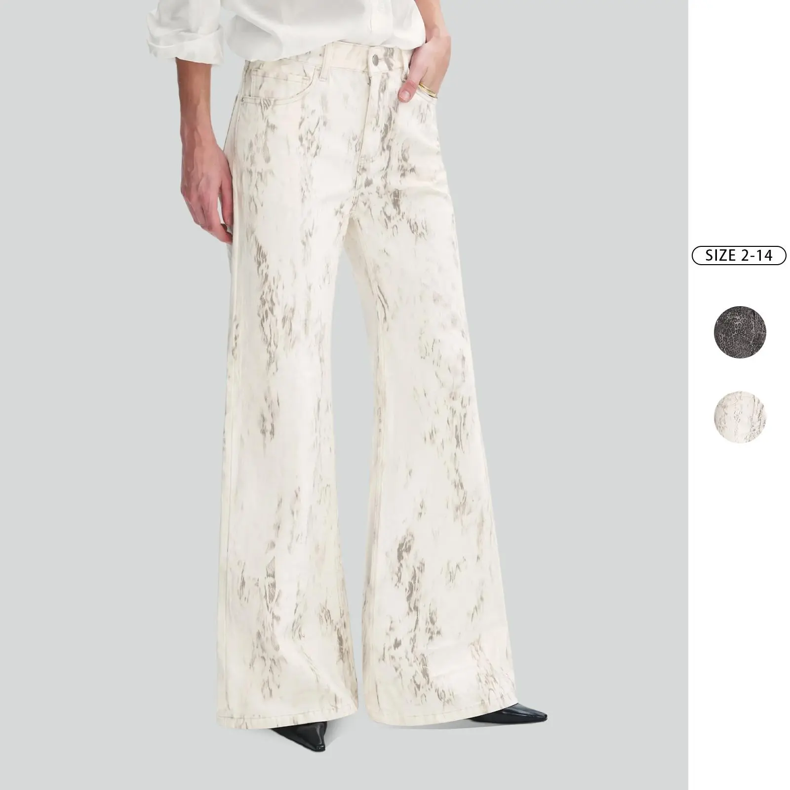 Imily Bela Women's Marble Print High Waist Flare Jeans, Stretch Wide Leg Denim Pants, Vintage Leopard Print Casual Bell Bottom Trousers