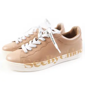 Pre-owned Chloé Calfskin Small Leather Goods Chloe ESSIE Logo Leather Sneakers Beige 38