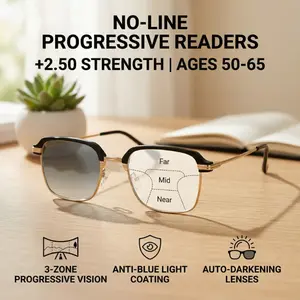 +2.50 No-Line Progressive Readers | 3-in-1 Multifocal, Photochromic & Anti-Blue Light (Fits +2.25 to +2.75)