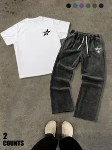 Two-Piece Set Men's Star Print Tee & Pants, Loose Casual Comfy Round Neck Short Sleeve T-Shirt & Trousers for Daily Wear, Men's Two-Piece Outfits for Summer, Menswear