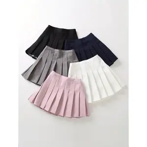 Girls' Preppy Pleated Skirt with Safety Pants - Solid Color Half-Length A-Line Skirt, Machine Washable & Dry Cleanable, No Elastic Waistband, Spring Summer Fall Party Performance Outfit for Girls
