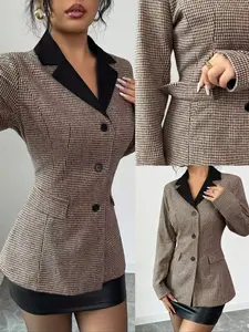 Baddie Sweet-Spicy Fall/Winter Houndstooth Wool Blazer With Black Contrast Collar Y2K Retro Sweet-Spicy Houndstooth Wool Blazer (Black Collar Vintage Style) Elegant Chic Waist-Cinched Houndstooth Wool Blazer (Fall/Winter Office Style)