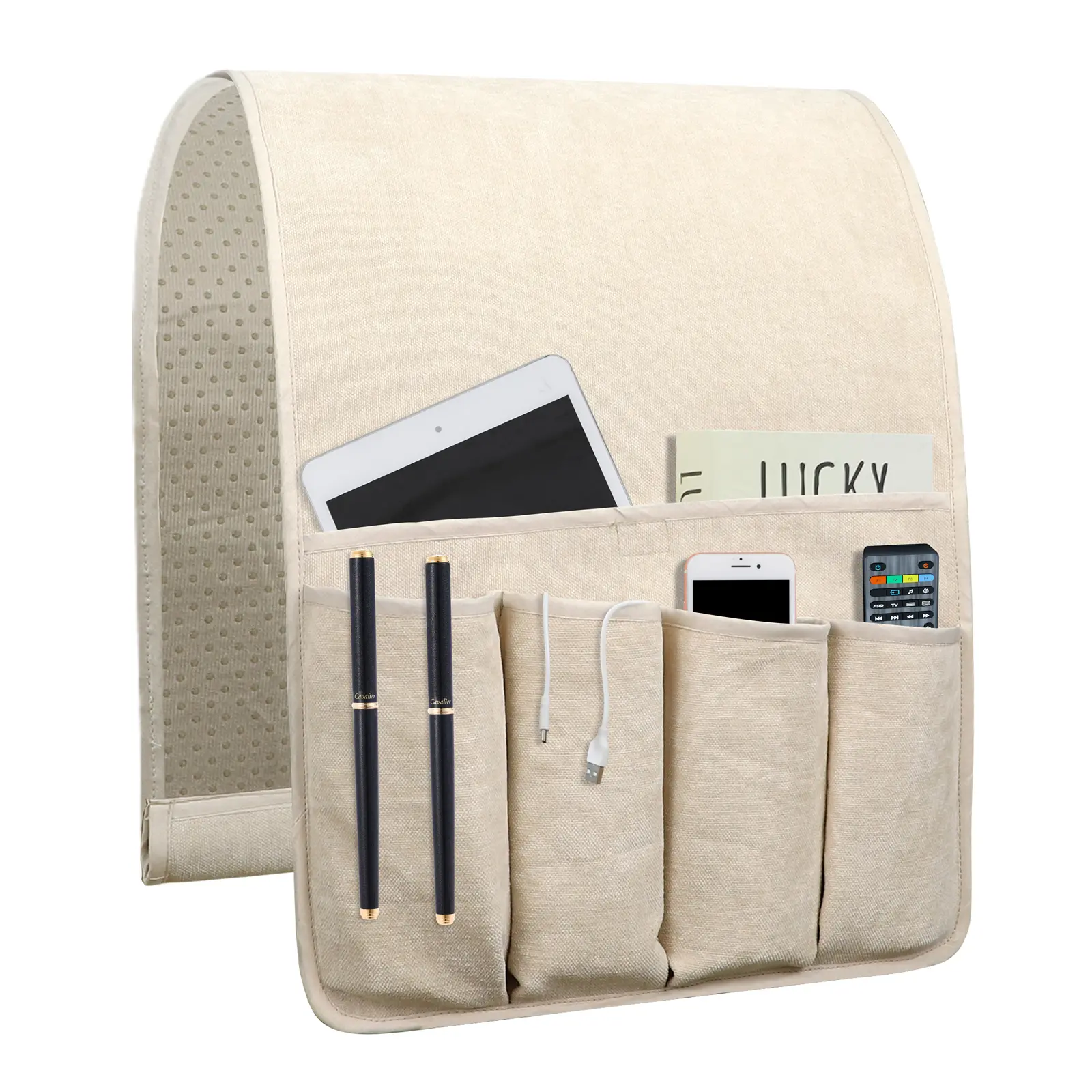 Linen Sofa Armrest Organizer with 5 Pockets - Silicone Non-Slip Collapsible Remote Holder, 35"x12.4" Beige Home Storage Caddy for Couch Armchair, Bedside