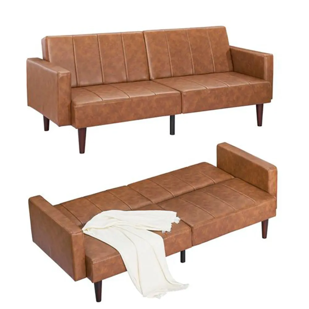 GARVEE 75" Futon Sofa Bed, Mid-Century Modern Futon Couch, Convertible Sleeper Sofa with Adjustable Backrest, Loveseat, Small Sofa with Side Pockets, PU Leather Sofa Couch for Living Room, Brown