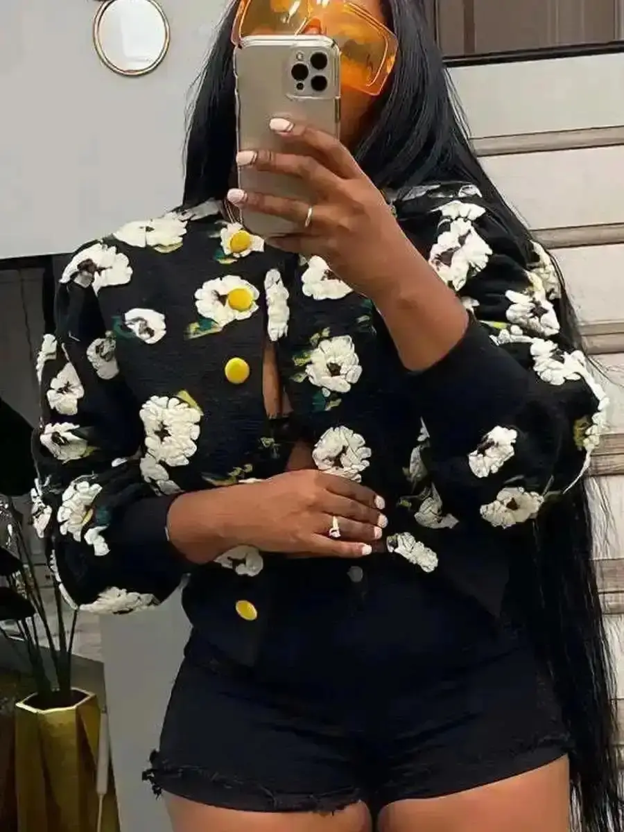 Retro Women's Floral Jacquard Button Front Jacket, Casual Long Sleeve Round Neck Outerwear for Daily Wear, Ladies Clothes All, Seasonshalloween costume ideas, Every Season, Cardigan Fit, Stretchy, Every Season