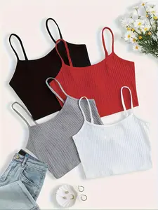 Women's Solid Ribbed Crop Cami Top, Casual Sleeveless Crop Spaghetti Strap Top for Fall & Winter, Women's Clothing for Daily Wear