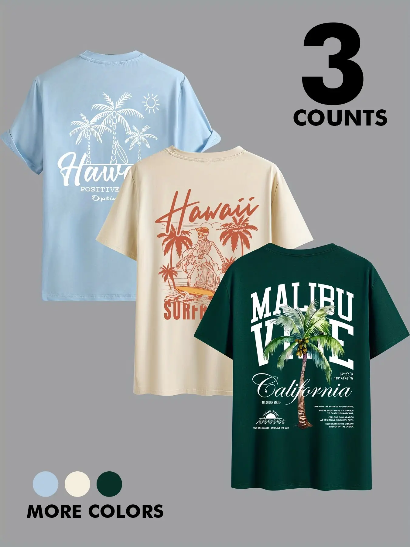Men's Short Sleeve Loose Breathable T-Shirt, Beach Life Tee, Breathable Summer Top, Tropical Island Coconut Tree Print Neck, Perfect for Outdoor Summer Outings, Multifunctional Casual Menswear Three-Piece Set