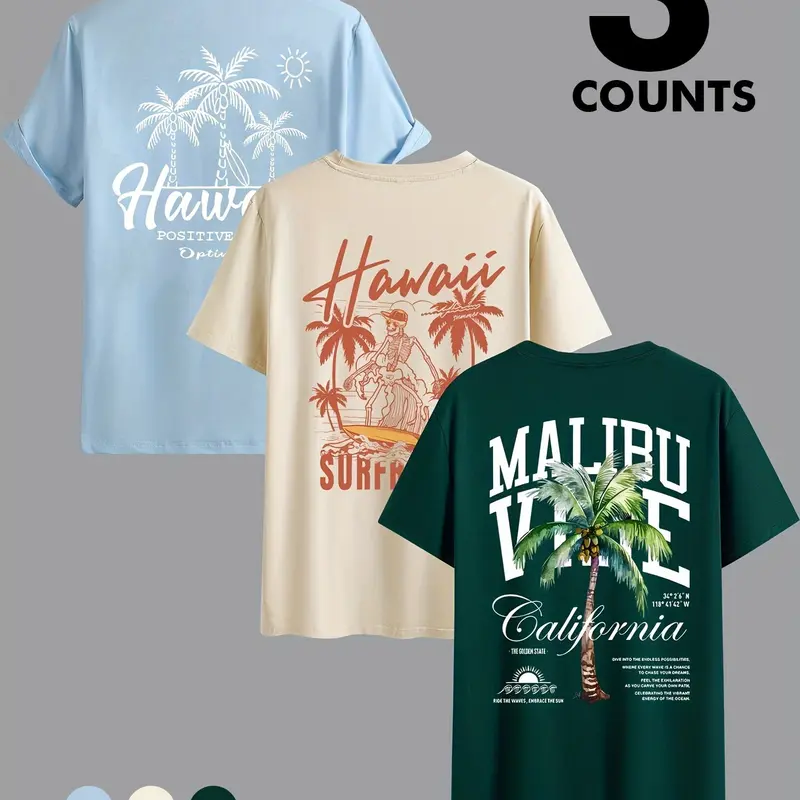 Men's Short Sleeve Loose Breathable T-Shirt, Relaxed Fit Printed, Beach Life Tee, Breathable Summer Top, Tropical Island Coconut Tree Print Neck, Perfect for Outdoor Summer Outings, Multifunctional Casual Menswear Three-Piece Set
