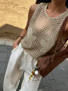 Summer New Vacation Style Sleeveless Breathable Knit Top, Round Neck Mesh Back Vest, Chic Simple Versatile French Lazy Wind, Casual Everyday Wear