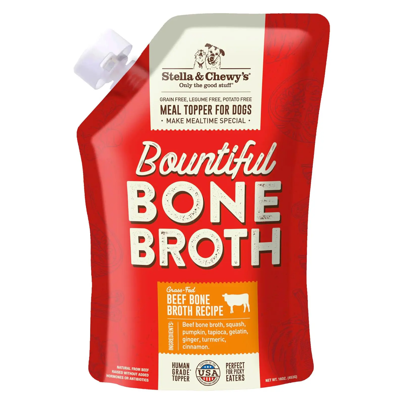 Stella & Chewy's Human-Grade Grass-Fed Beef Bone Broth for Dogs - Joint & Gut Health Liquid Food Topper with Collagen & Turmeric, 16 Fl Oz Resealable Pouch