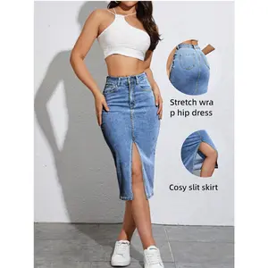 Women's High-Waisted Stretch Denim Skirt with Side Slit - Knee-Length Mid-Stretch Polyester Blend, Machine Washable Elegant Casual Skirt for Spring Summer Fall