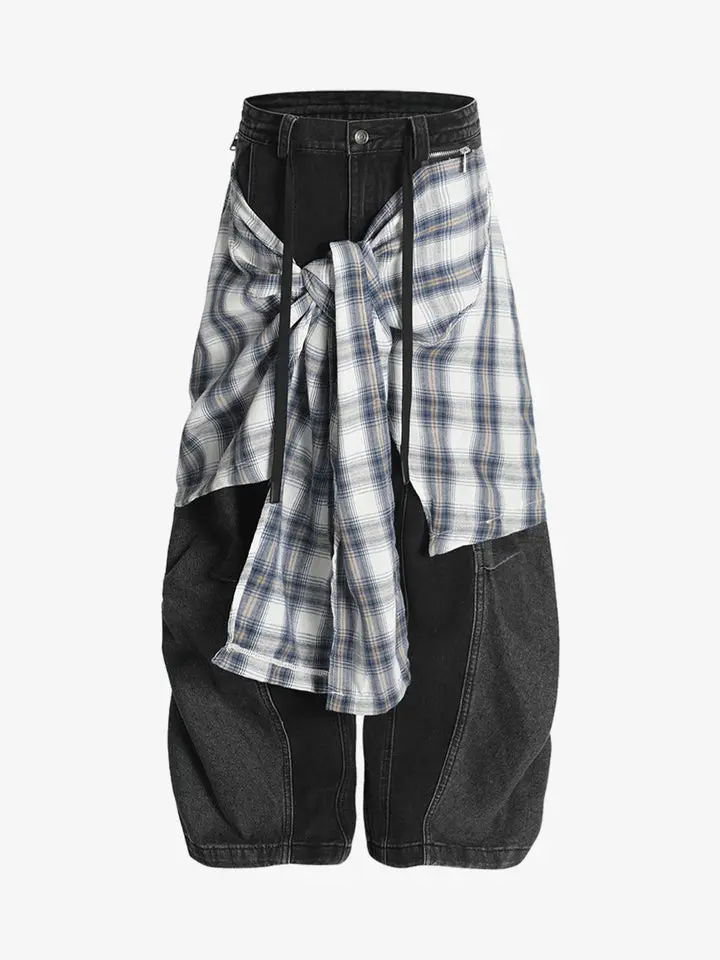 Thesupermade Faux Two-Piece Plaid Detachable Jeans | Scimitar Cut Drawstring Denim Streetwear Men - 2435