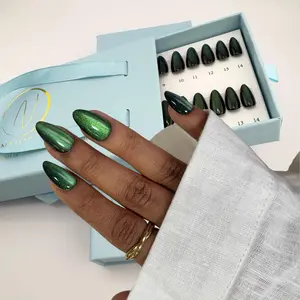 Green Cat Eye Press On Nails – Reusable Luxury Almond Shape