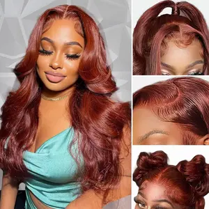 Reddish Brown 13x4 33# Brazilian Body Wave Human Hair Lace Front Wigs Colored Pre Pucked HD Lace Frontal Wigs