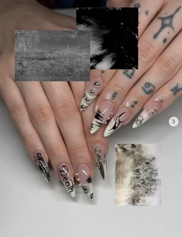 Black White Grunge Press On Nails, Death Letter Tribal Spike Nail Set, Punk Gothic Handmade Fake Nails