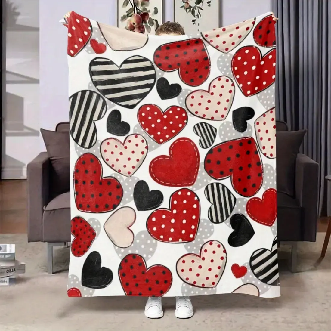 A Valentine’s Day heart-patterned gift blanket, shawl blanket, cuddle blanket, soft and cozy heart-shaped plush throw—perfect for husbands, wives, girlfriends, and girls’ birthdays, Valentine’s Day, and Christmas gifts. Suitable for beds, sofas