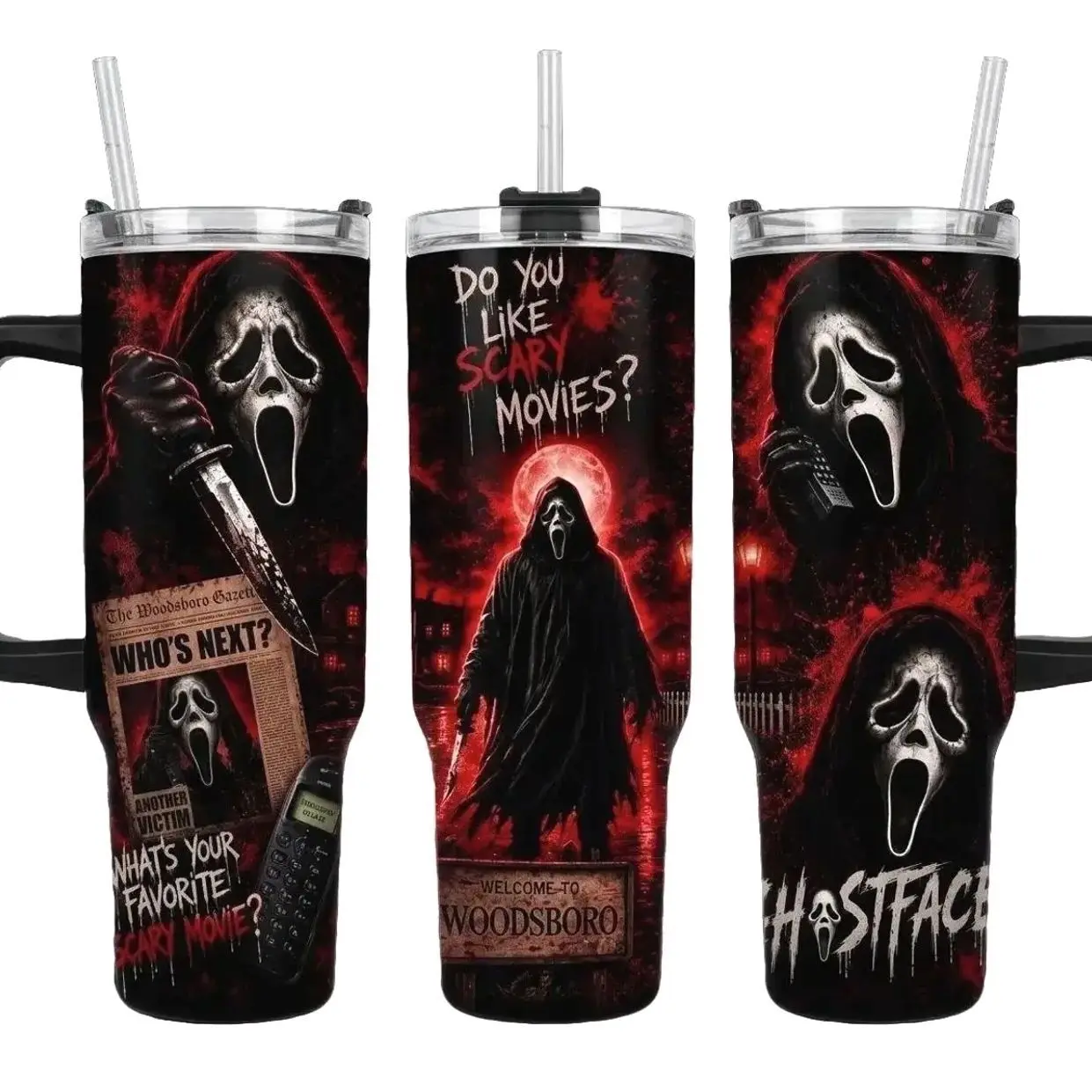[MADE IN US] Vacuum Insulated Tumbler Ghostface Scream with Lid and Straw - Stainless Steel Travel Coffee Mug Double Wall Hot & Cold Drink Cup Leakproof Portable