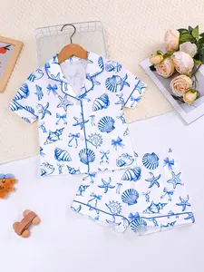 Fire-Retardant Shell Print Pyjama Set, Cute Casual Party Sleepwear, Short Sleeve Open Front Top & Loose Elastic Shorts, Pajamas
