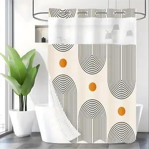 LVRLVR 1pc Mid-Century Modern Abstract Geometric Hookless Shower Curtain with Sheer Top Window, Detachable Liner & No Hook C-Ring, 70.8" x 74"