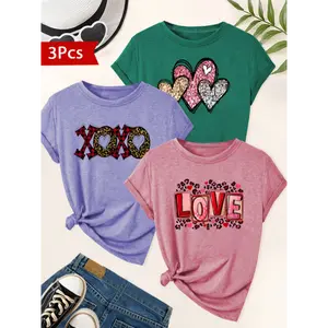 Elegant 3-Pack Women's T-Shirts with Chic Heart Print - Casual & Sporty, Crew Neck, Short Sleeve - Perfect for Spring/Summer/Fall