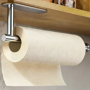 Punch-Free Paper Towel Holder Under Cabinet, Self-Adhesive or Drilling Install Stainless Steel Paper Towel Rack, Wall-Mount Holder for Kitchen, Bathroom, Pantry, RV and Fridge Side, Space-Saving Towel Roll Organizer, Rental-Friendly No-Drill Design