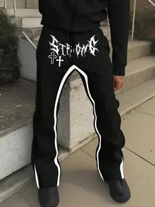 Men's Casual Colorblock Letter Print Drawstring Waist Pants, Casual Streetwear Trousers, Street Style Long Loose Fit Joggers, Perfect Gift for Boyfriend